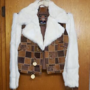 Leather And Rabbit Trim Brown and White Patchwork Jacket